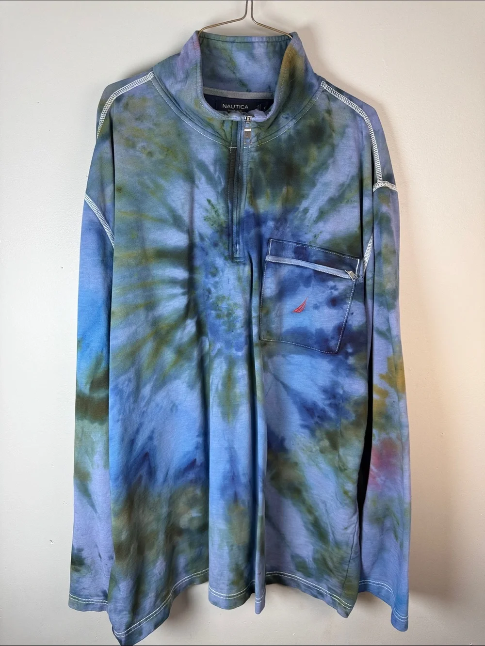 Nautica Men’s Blue & Green Tie-Dye Quarter-Zip Pullover